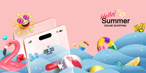 Cute Summer Online Shopping Banner with Smartphone, Emoji Sun and Tropical Beach Items on Pastel Background