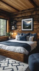 Cozy cabin bedroom rustic mountain view.