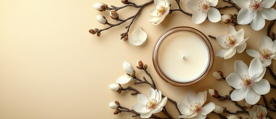 A neutral fawn-colored studio background serves as the setting for a burning candle and magnolia flowers, with copy space, all made possible by generative AI technology