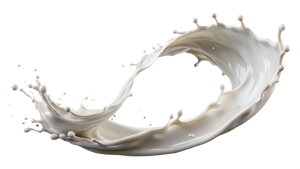A dynamic splash of white liquid forming a circular shape on black background on transparent background