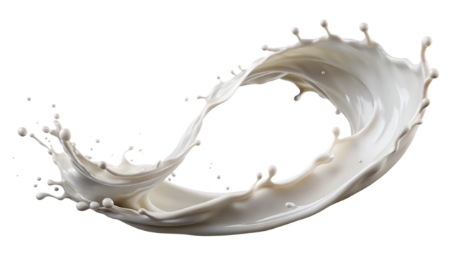 A dynamic splash of white liquid forming a circular shape on black background on transparent background