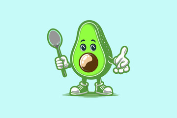 The green avocado mascot logo is holding a spoon, suitable for use in logo designs for juice stalls, fruit shops, fruit wholesalers, t-shirts, stickers, icons, dolls, key chains,