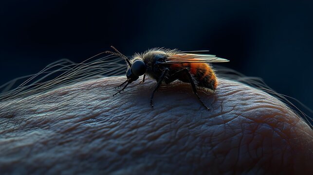 Close-Up of Tiny Fly Biting Human Skin on Hand in Detailed View