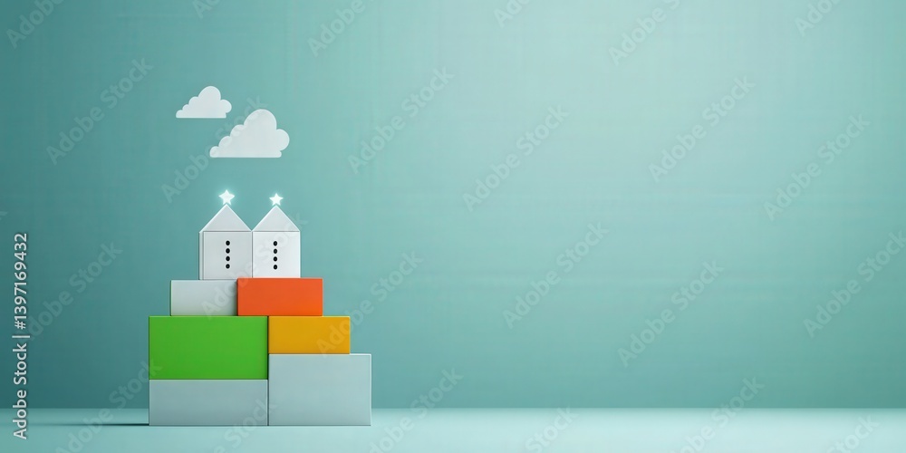 Aufkleber customer experience interaction data concept. colorful building blocks with clouds on a blue backgro
