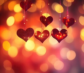 Romantic Hanging Hearts Decorative Elements with Soft Bokeh Background for Love and Celebration Themes