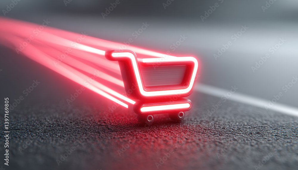 Poster glowing shopping cart with light trails moves swiftly across dark surface, symbolizing modern online