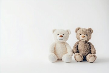 two soft toy teddy bears sitting on a white background, generated AI