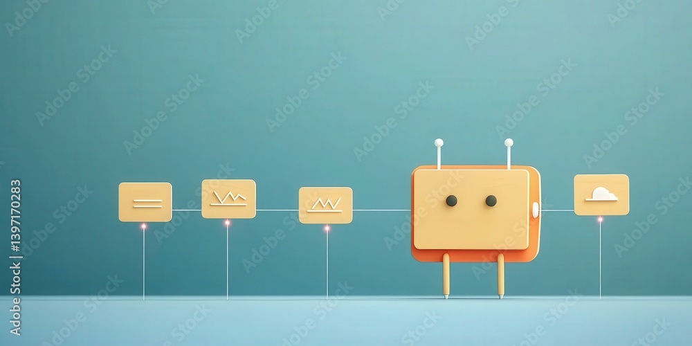 Poster customer experience interaction data concept. abstract illustration of a robot with symbols on a blu