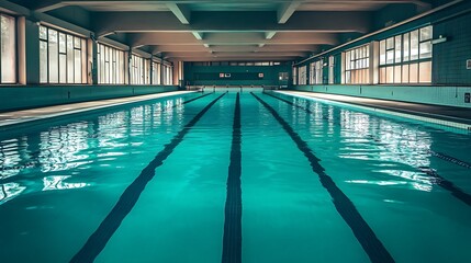 Obraz premium empty indoor pool with still transparent water and minimal design, reflecting blue lights and luxury interior ideal for spa health and recreation space