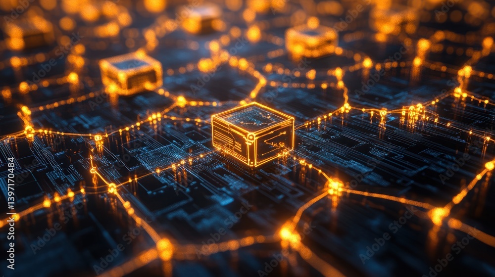 Aufkleber abstract digital network with glowing nodes and connections in a dark technological landscape