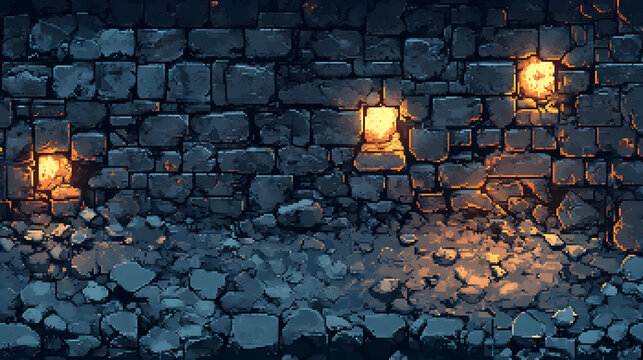 Fototapeta Stone Brick Wall Texture Background with Warm Light Accents in Pixel Art Style