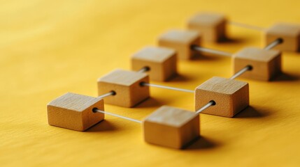 Wooden cubes interconnected by string on a vibrant yellow background.
