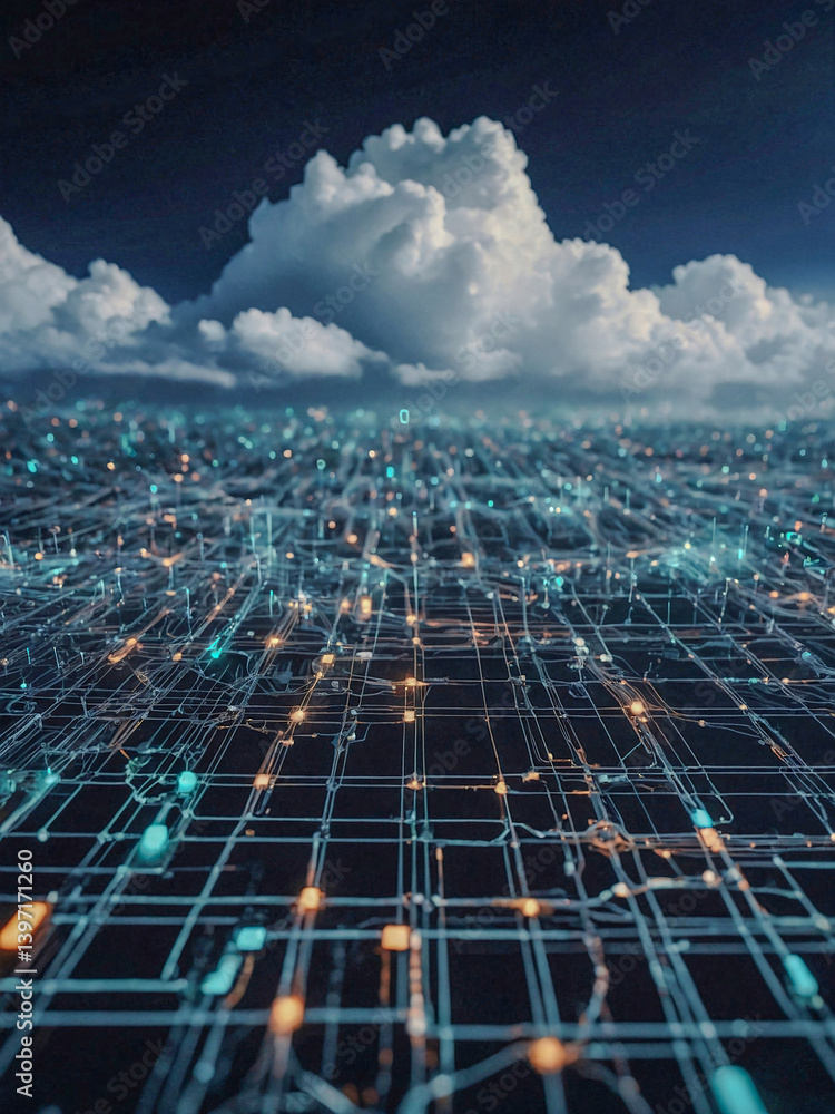 Poster cloud computing illustration showing digital networks.