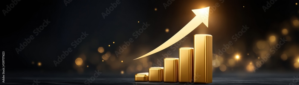 Poster a sleek graphic showing ascending gold bars with an upward arrow, symbolizing growth and progress in