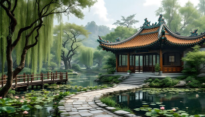Fototapeta premium Traditional Chinese pavilion in the garden, Ancient Architecture of Asia