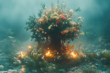 Floral explosion blooms amidst rain and light