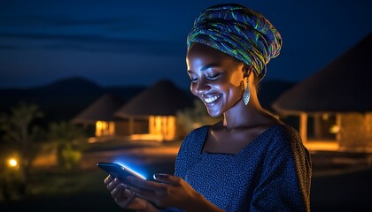 Smiling woman using phone with night.