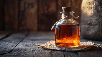 natural amber liquid in stylish glass bottle on wooden table portraying pure ingredient rustic charm elegant home cooking and healthy organic food