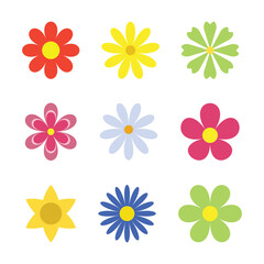 Bright spring flower set. Colorful flower set. Diverse chamomile. daisy. sunflower. cornflower. chrysanthemum. Fresh blooming elements. growing concept in flat design. vector on white background
