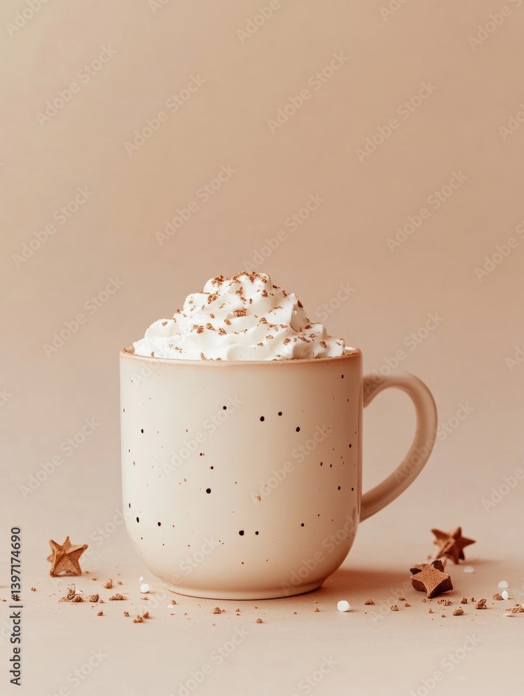 Poster cozy hot cocoa mug topped with cream and sprinkled with stars on a soft beige background creating a 