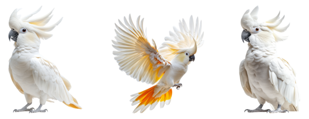 Three white cockatoos displaying different poses on a transparent background