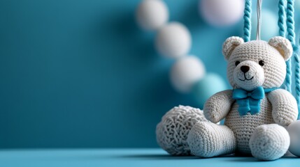 Fototapeta premium Adorable Crochet Teddy Bear with Baby Shower Decor.