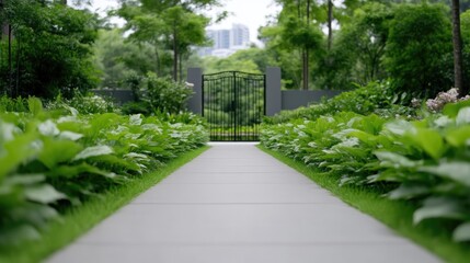 Fototapeta premium Tranquil garden path leads to a gated entry. Lush greenery borders a paved walkway, creating a serene atmosphere. A hint of city skyline is visible beyond the gate