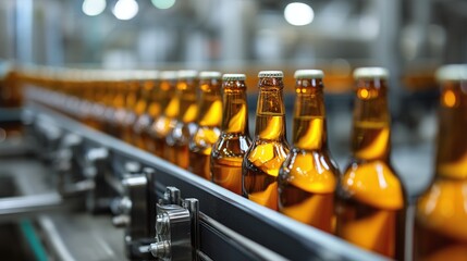 Glass beer bottles traveling on conveyor belt during automated bottling production line