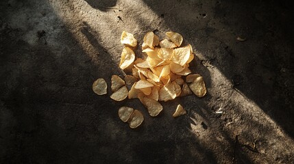 Sunlit potato chips scattered on grunge floor