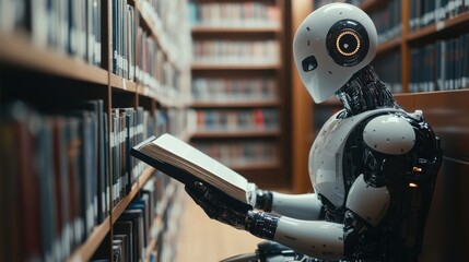 A humanoid robot studies a book in a library, symbolizing AI and knowledge integration.