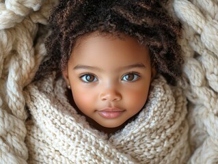A black African baby kid with afro hair, wrapped in a soft white blanket on a bed, is a cute and perfect image for advertisements, characterized by big beautiful eyes and a tiny nose, suitable as