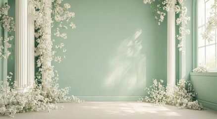 A serene, light-filled room adorned with white blossoms and classical columns.