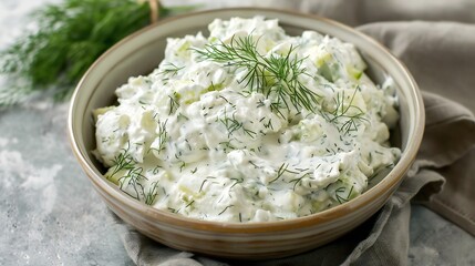 Creamy Greek tzatziki dip made with thick yogurt cucumber and fresh dill elegantly served