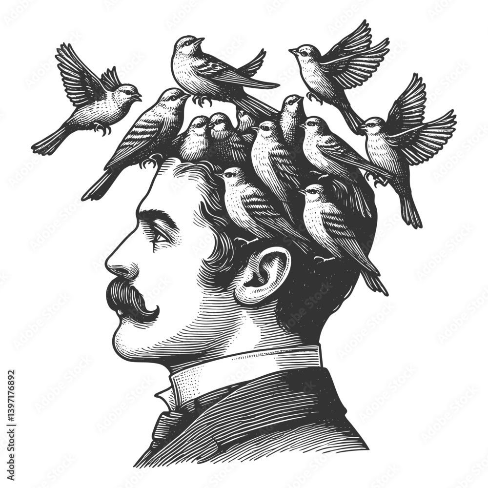 Poster man in formal attire with an open head, from which birds are flying, symbolizing creativity and imag