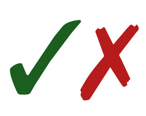 tick and cross,yes and no ,right and wrong icon with green and red colour, hand made illustration