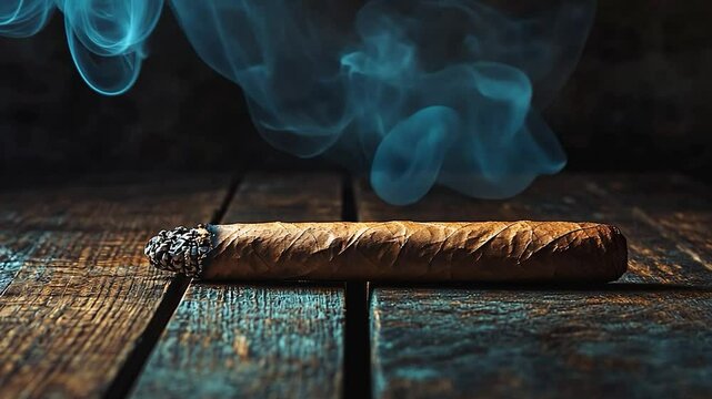 Aged cigar on rustic wooden table, smoky