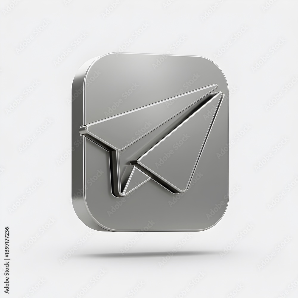 Poster metallic send icon 3d render: sleek paper airplane symbol on square button for digital communication