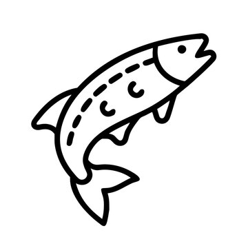 Illustration of a simple line art drawing of a salmon fish jumping upward icon