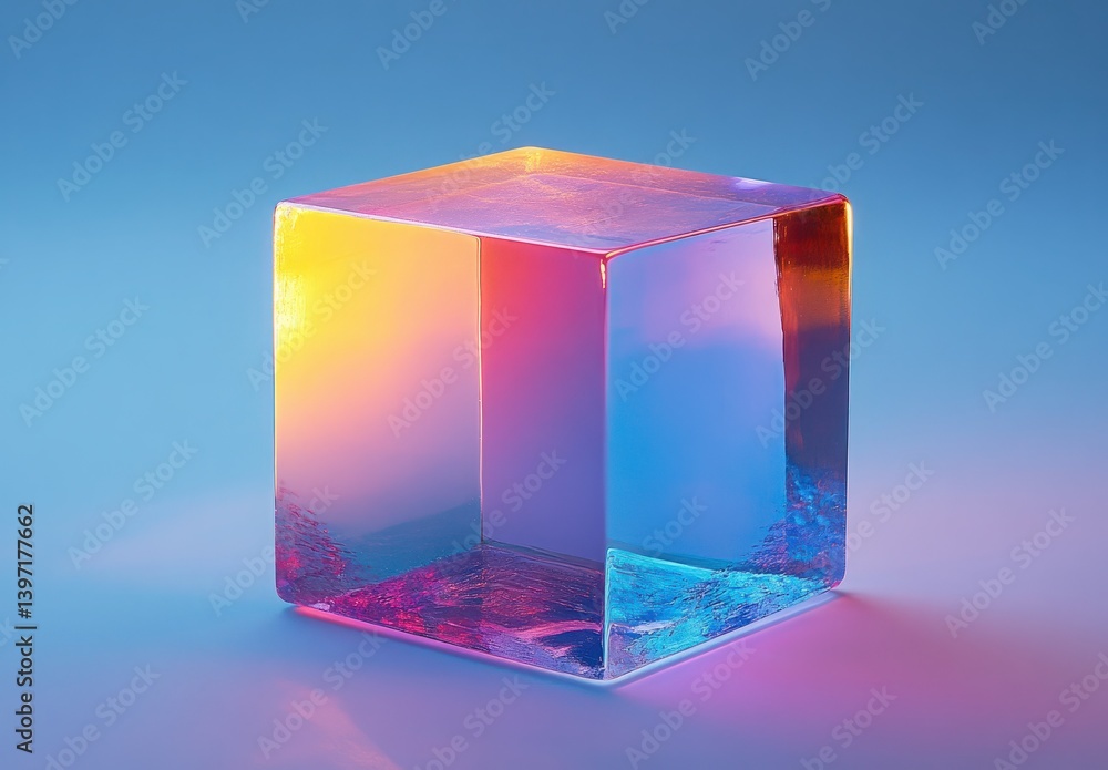 Poster colorful transparent cube with light refraction and vibrant reflections on smooth background