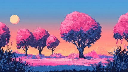 A vibrant, pastel landscape of pink trees at dawn.