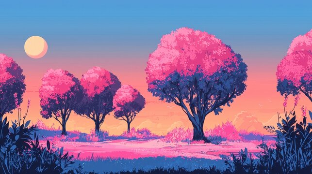 A vibrant, pastel landscape of pink trees at dawn.