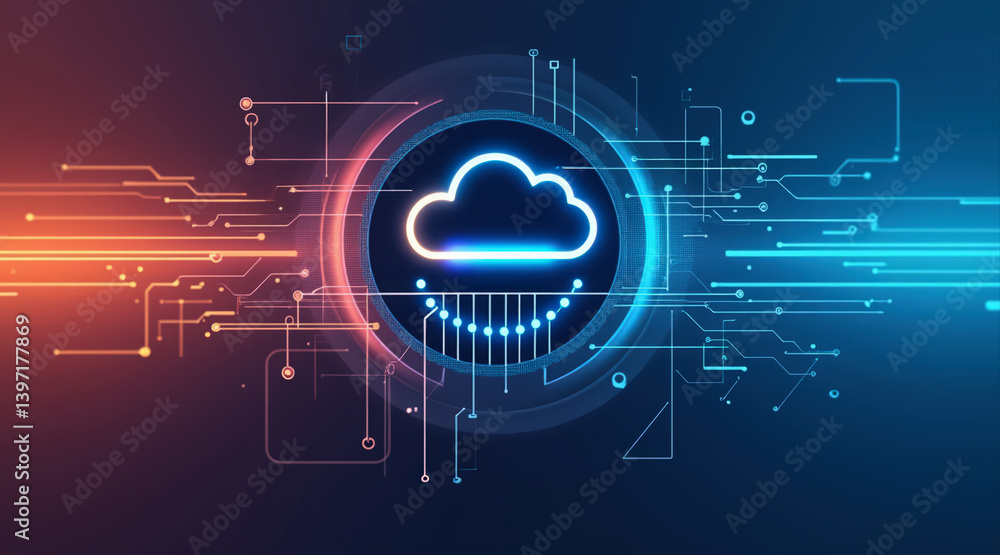 Poster a vibrant digital illustration of a cloud symbol surrounded by circuit lines, representing cloud com