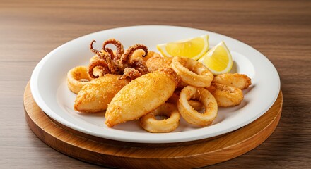 Serving Fried Calamari with Lemon on a Wooden Board