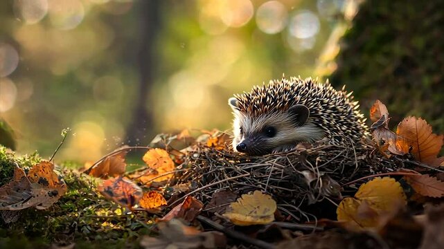 Adorable hedgehog nestled in autumn leaves