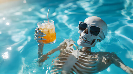Human skull in the swimming pool siting on inflatable ring. Take a break funny skeleton floaties relaxing in the swimming pool, surfer dive surfer, pool raft. Sunglasses Halloween skeleton swimming