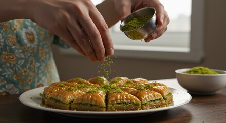 Warm light illuminates hands sprinkling pistachios on baklava a sweet treat. AI Generated