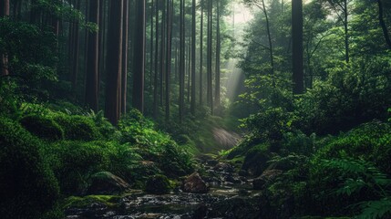 Obraz premium Enchanted Forest Stream: A Mystical Journey Through Lush Green Woods