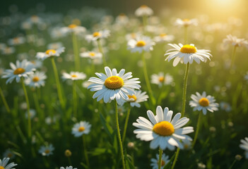 Fototapeta premium Spring meadow with blooming daisies, Beautiful nature and Wild flowers