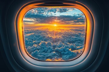 Fototapeta premium Airplane window view of sunset above clouds