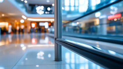 Abstract blurred modern shopping mall interior with glass railings and polished floor.